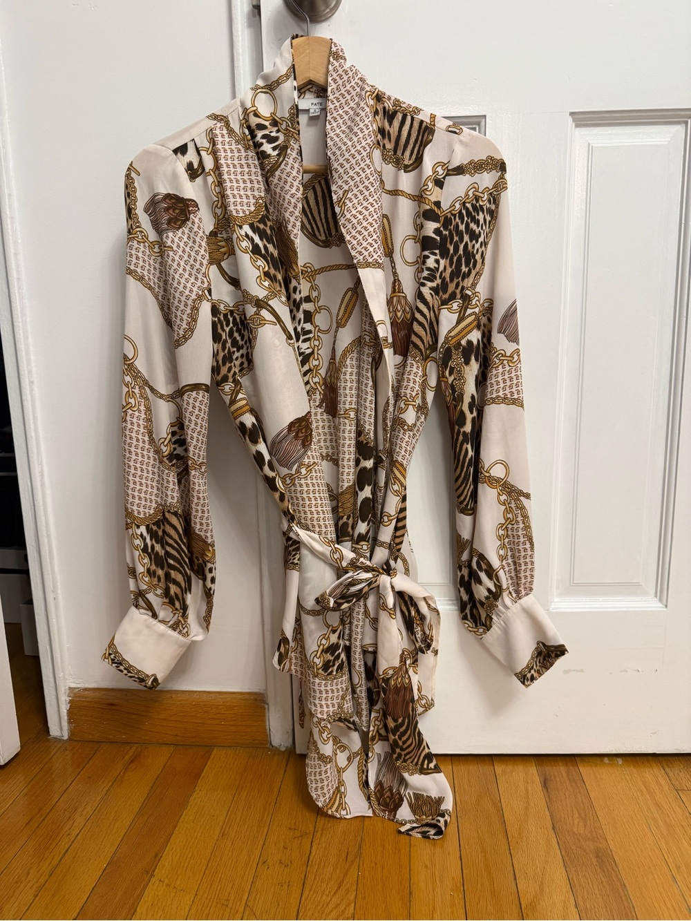 Silky Chain & Animal Print Wrap Blouse in Cream and Brown Small